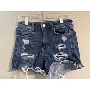 American Eagle Hi-Rise Shortie Distressed Denim Shorts Dark Wash Sz 6